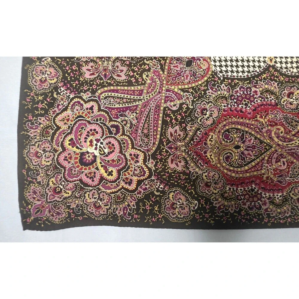 Ralph Lauren Paisley & Houndstooth Check Silk Scarf Olive Green & Magenta 32x32